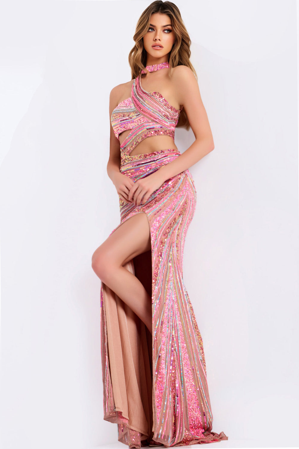 Jovani 49266 Pink multi prom dress with a fitted silhouette and high slit, featuring sequins.