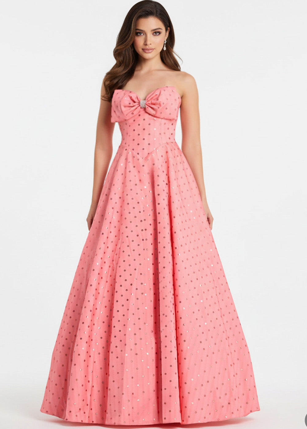 Jovani 49340 Strapless salmon prom dress with a bow and sparkling polka dots, A-line silhouette.