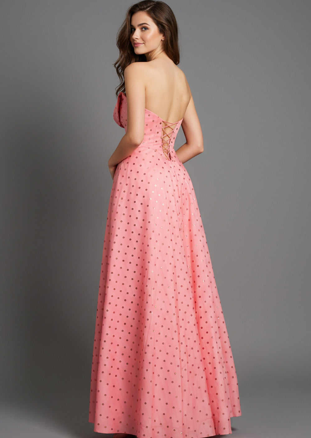 Jovani 49340 Salmon A-line prom dress with a lace-up back and polka dot detailing.