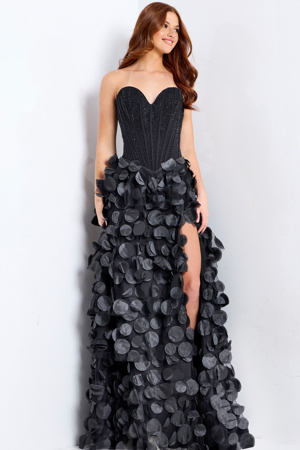 Jovani 49384 Black mermaid prom dress with beaded bodice and thigh-high slit, front view.