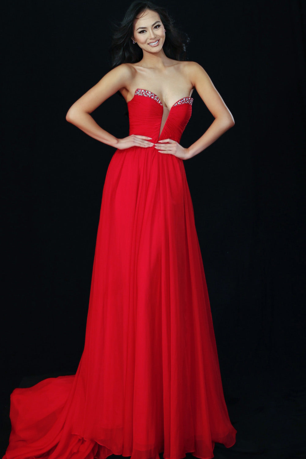 Jovani 49422 Red A-line prom dress with a deep V-neck and sparkling beaded bodice.
