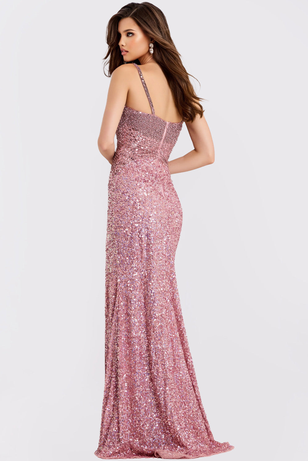 Jovani 49486 Pink sequined mermaid prom dress with a stunning back view.