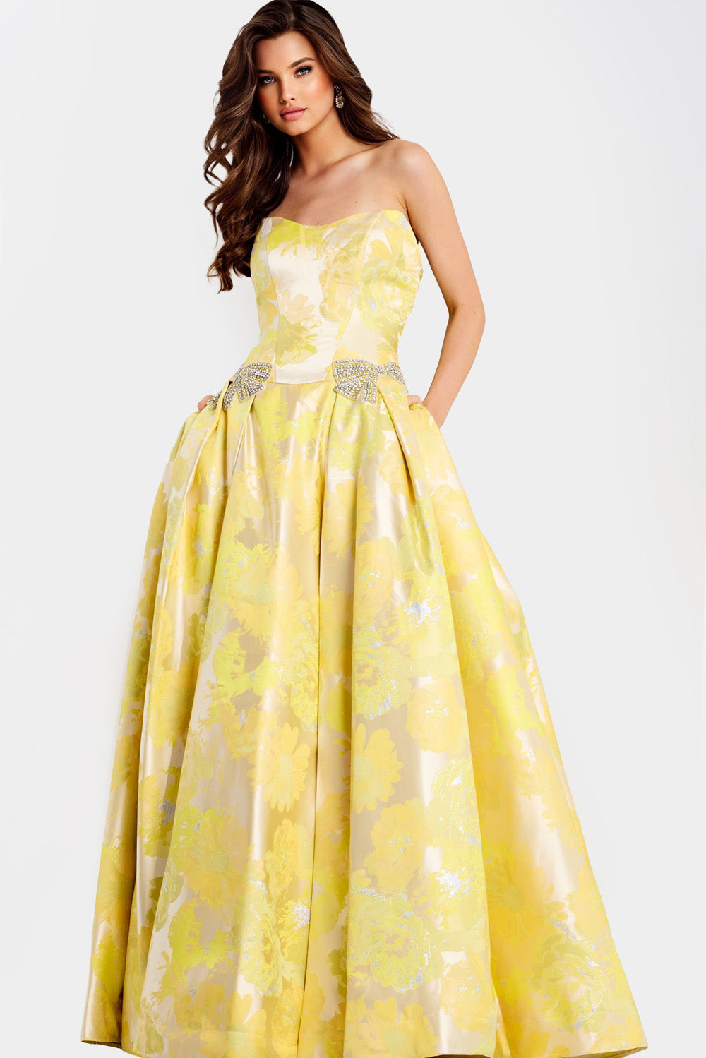 Jovani 49502 Yellow ballgown with beaded accents, perfect for a stunning prom dress.