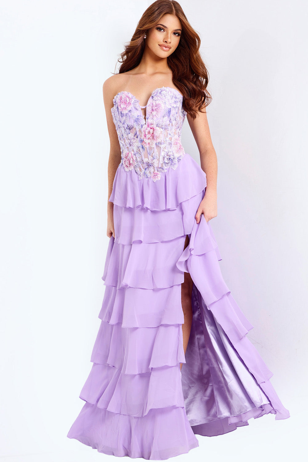 Jovani 49628 Lilac prom dress with ruffled layers and a thigh-high slit, front view.
