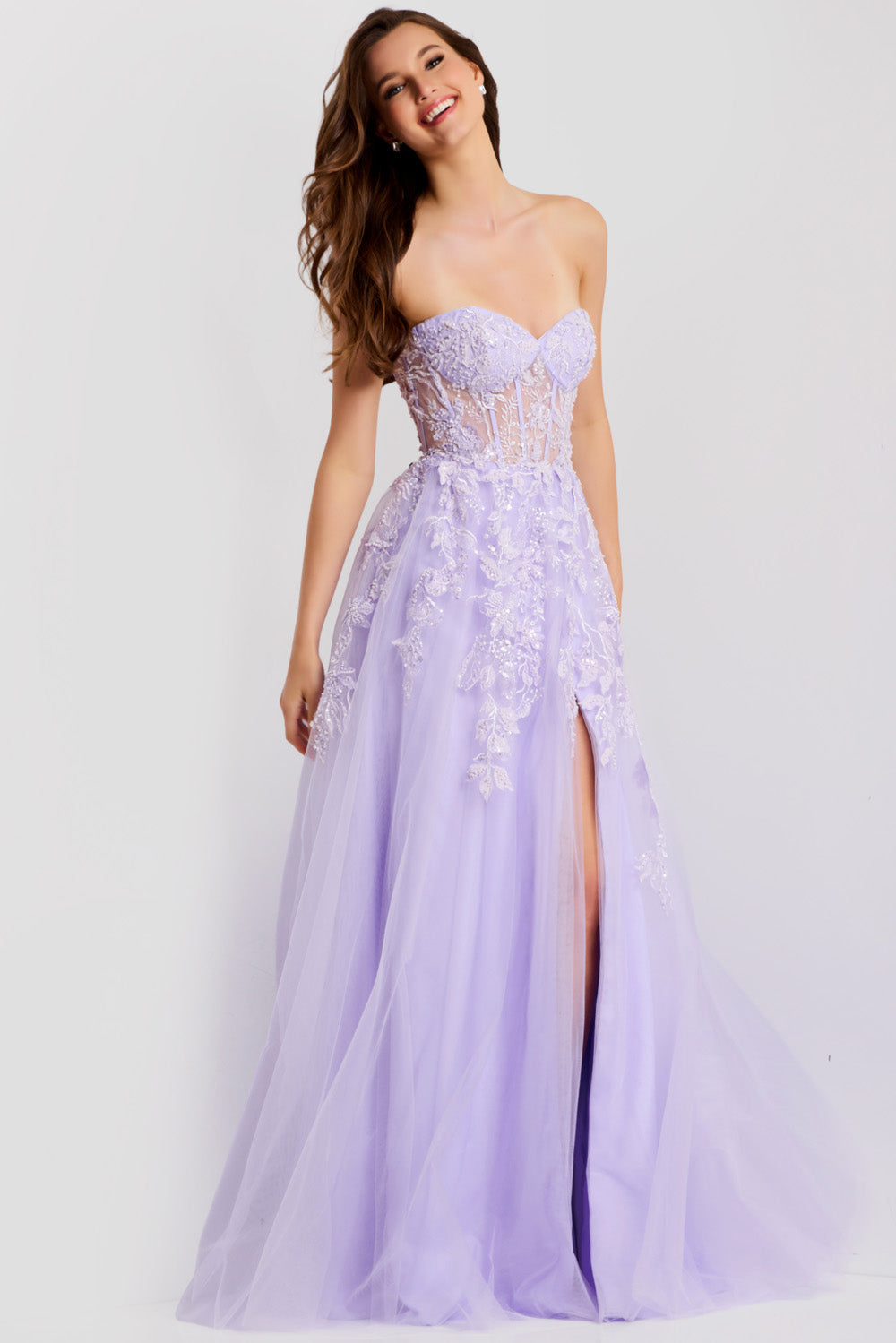 Jovani 49656 Lilac A-line prom dress with intricate beading and a thigh-high slit.