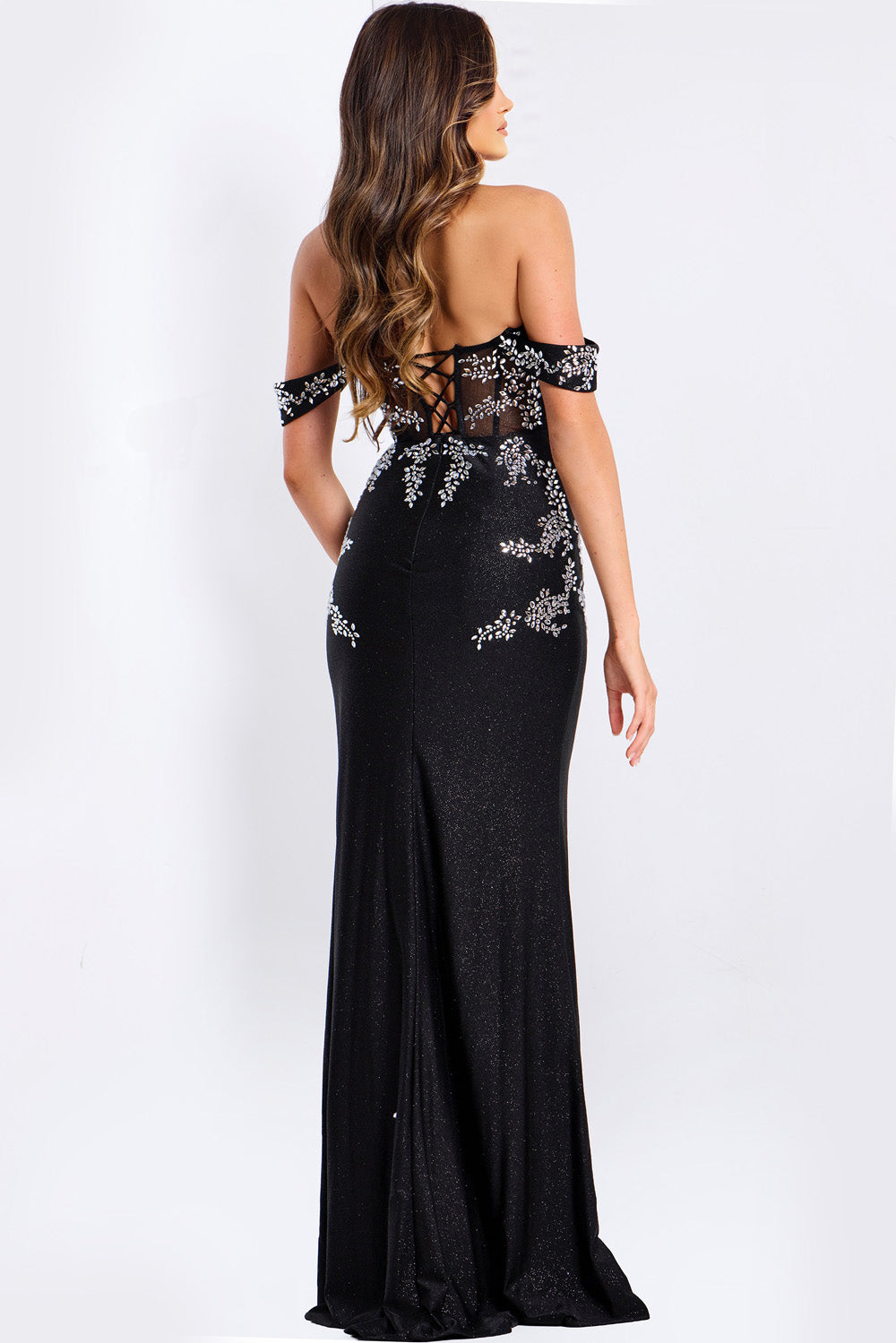 Jovani 49659 Black mermaid prom dress with sequins and lace-up back, back view.
