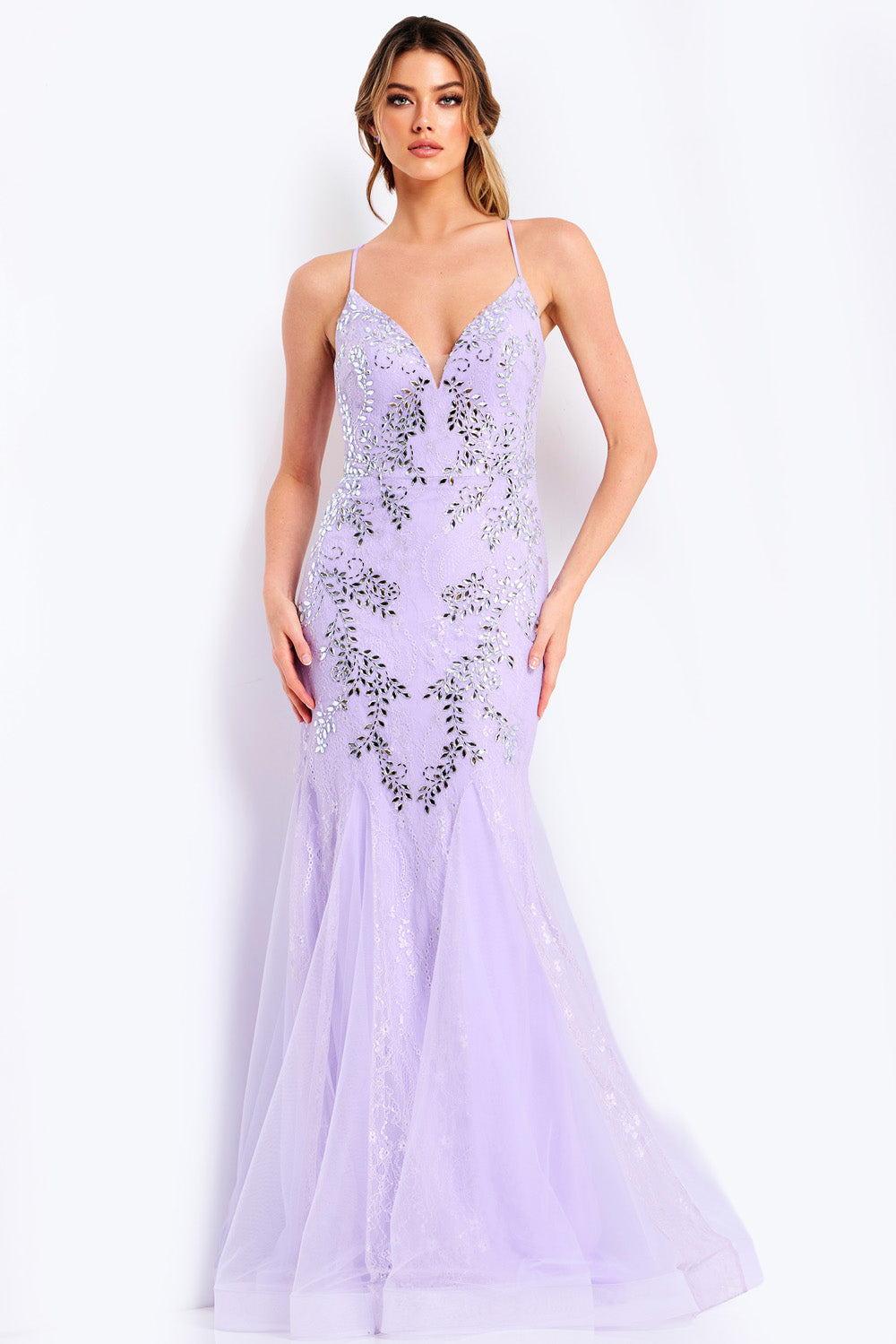 Jovani 49660 Lilac silver mermaid prom dress with intricate beading, front view.