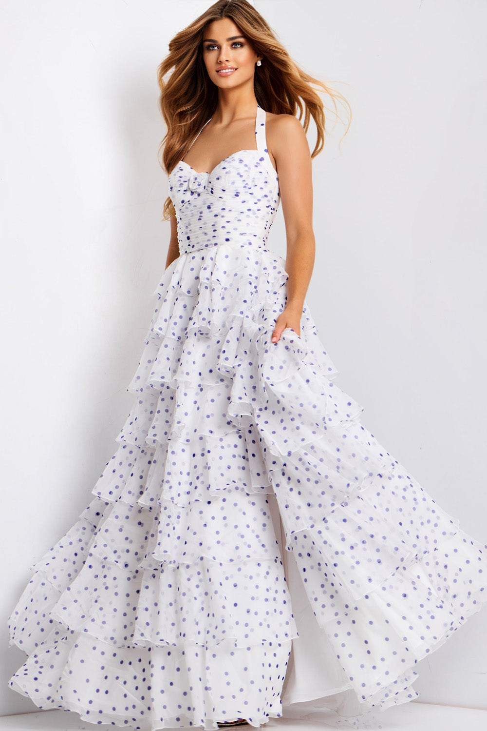 Jovani 49776 White prom dress with purple polka dots, ruffled layers, and sweetheart neckline.