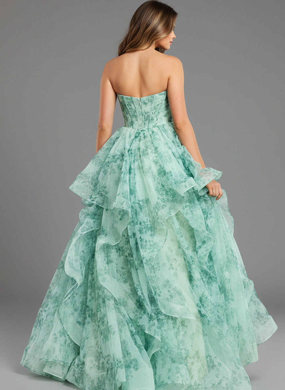 Jovani 49777 Green printed ballgown with layered ruffles and a corset back, back view prom dress.