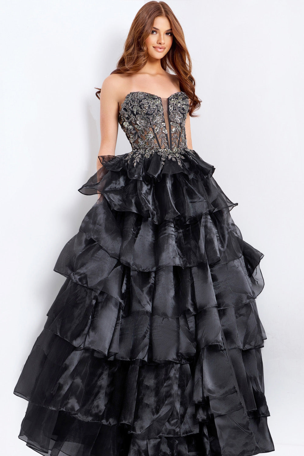 Jovani 50259 Black ballgown prom dress with layered ruffles and intricate beading, front view.