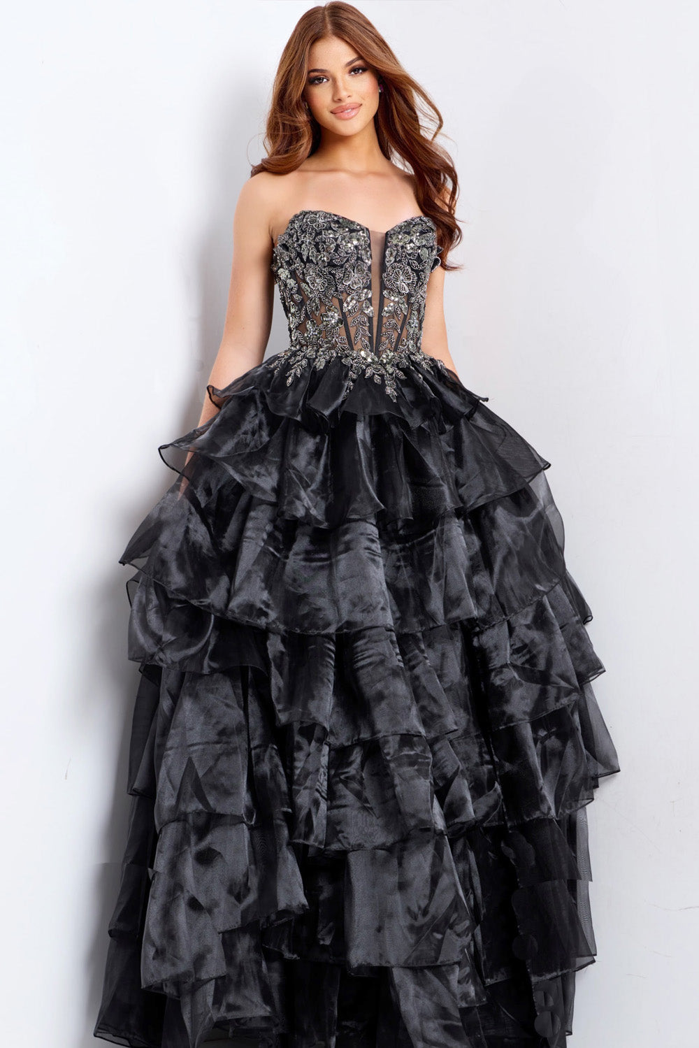 Jovani 50259 Black ballgown prom dress with tiered ruffles and intricate beading on the bodice.