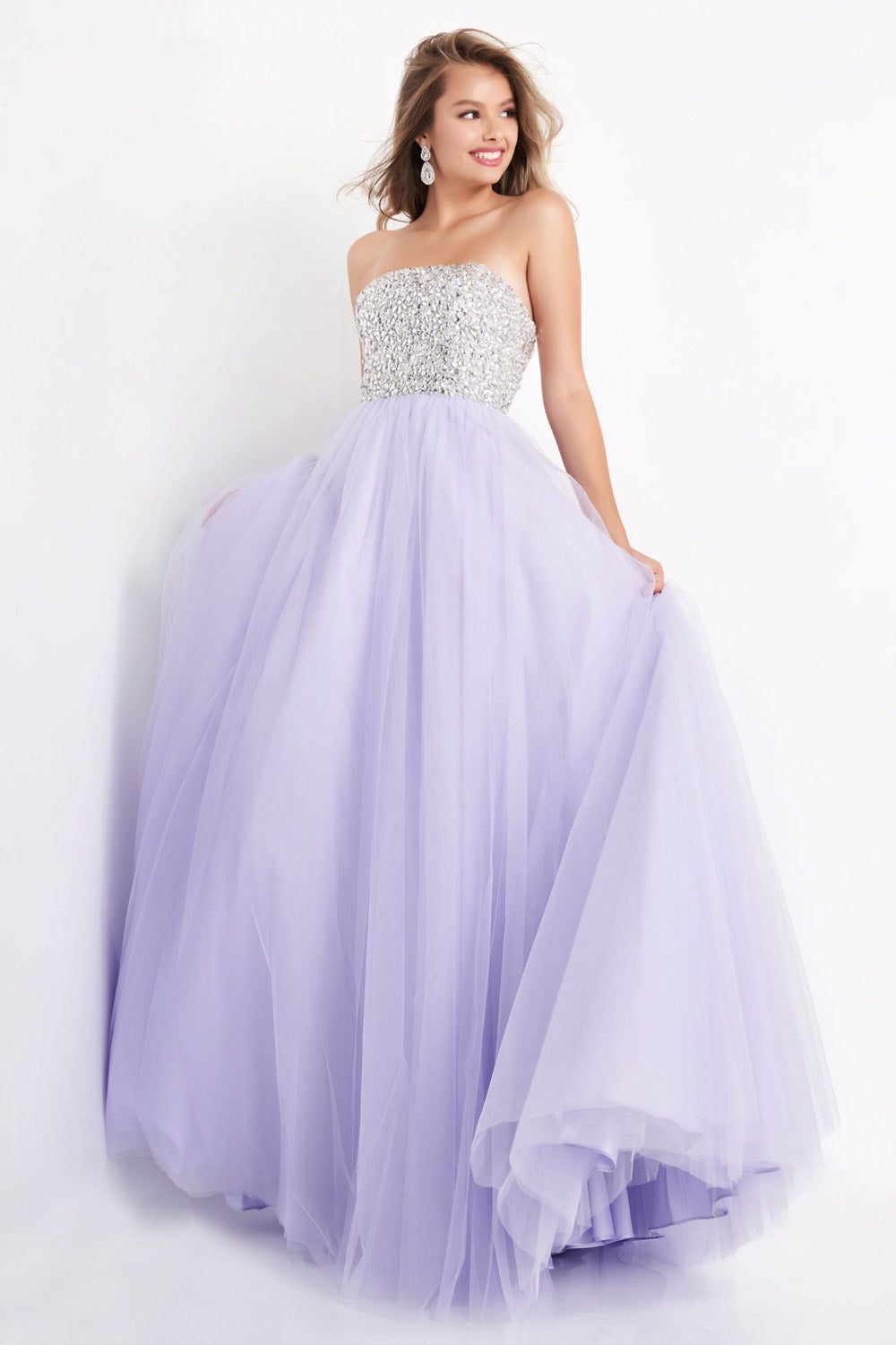 Jovani 52131 Lavender prom dress with a fitted bodice and sparkling beading, side view.