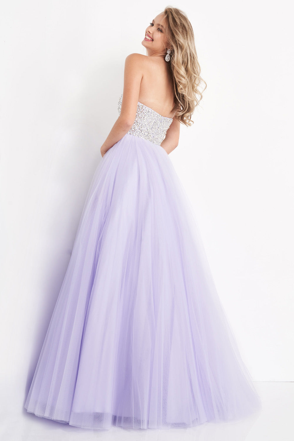 Jovani 52131 Lavender ballgown with beaded bodice and tulle skirt, back view prom dress.