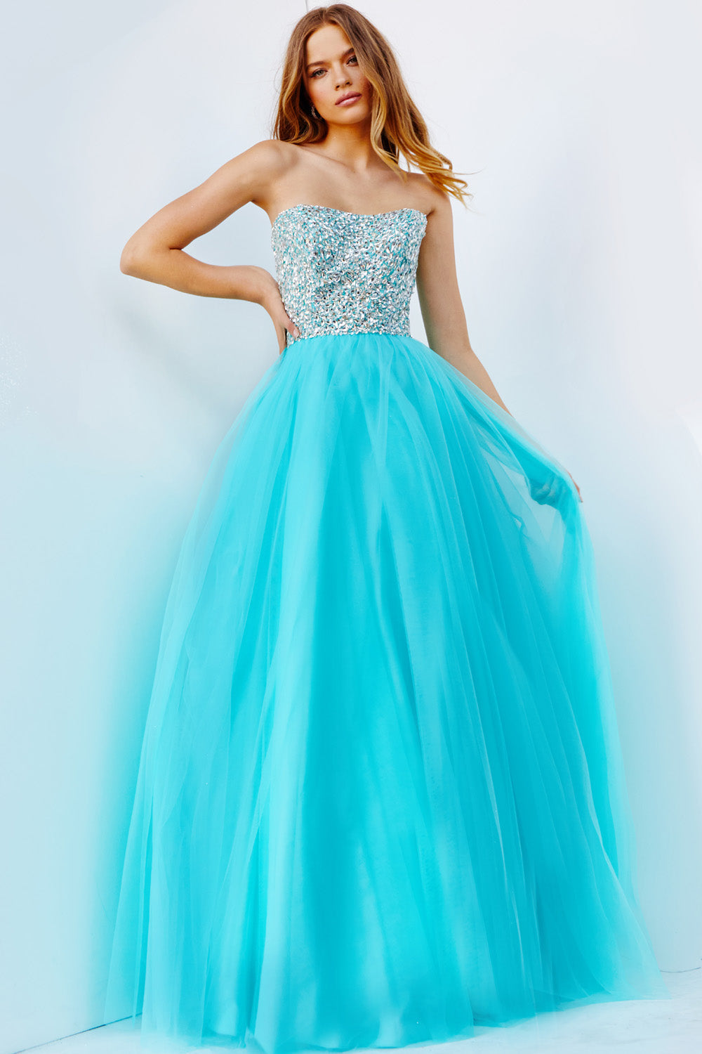 Jovani 52131 Aqua strapless prom dress with beaded bodice and flowing tulle skirt.
