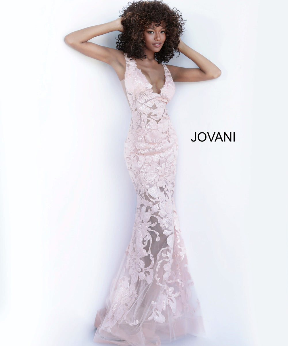 Jovani 60283 Fitted mermaid prom dress in light pink with intricate floral lace detailing.