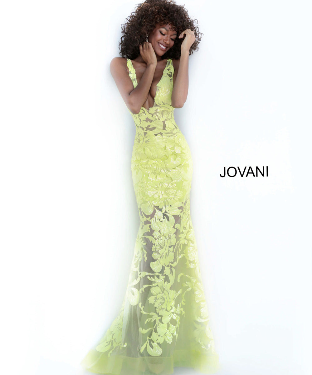Jovani 60283 Neon green mermaid prom dress with floral lace and plunging neckline.