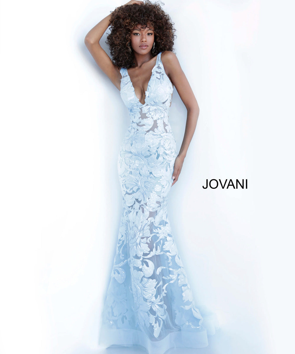 Jovani 60283 Light blue mermaid prom dress with floral lace and plunging neckline, front view.