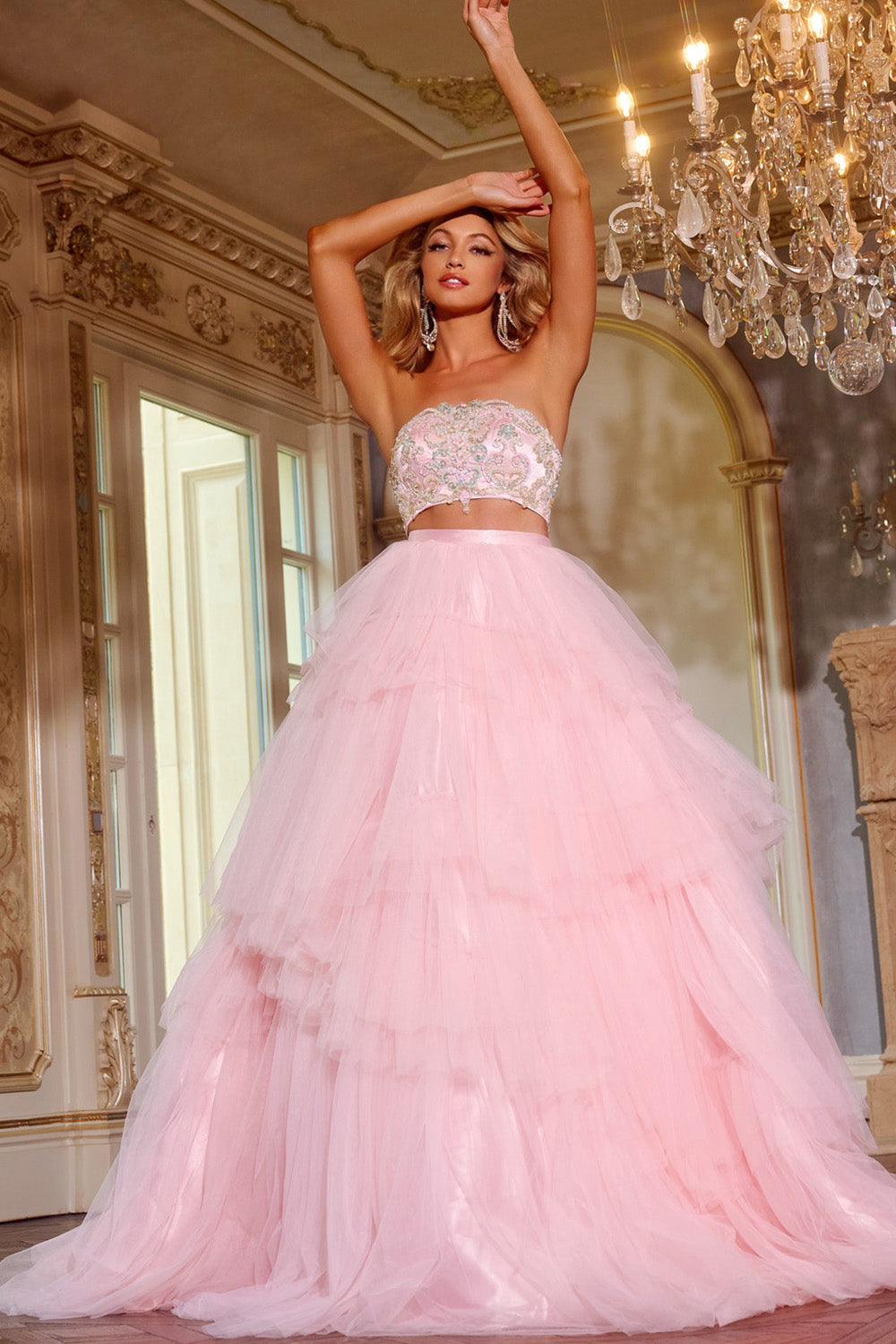 Jovani D5112 Pink ballgown prom dress with tiered tulle and beaded bodice, front view.