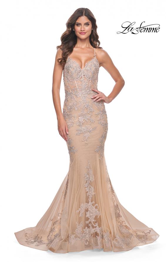 La Femme 30716 prom dress images. La Femme 30716 is available in these colors: Champagne.
