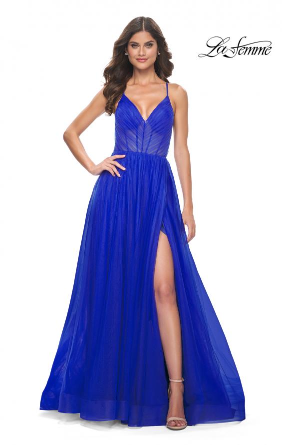 La Femme 31457 prom dress images. La Femme 31457 is available in these colors: Black, Dark Berry, Royal Blue.