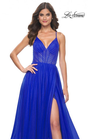 La Femme 31457 prom dress images.  La Femme 31457 is available in these colors: Black, Dark Berry, Royal Blue.