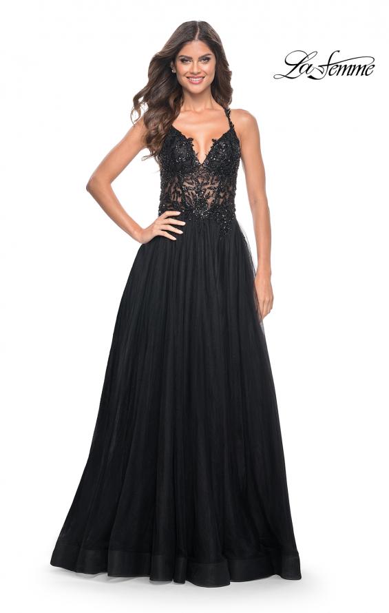 La Femme 31471 prom dress images. La Femme 31471 is available in these colors: Black, Dark Berry, Dark Emerald, Royal Blue.