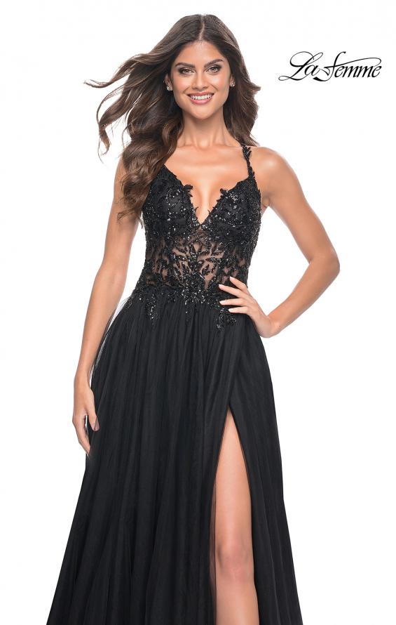 La Femme 31471 prom dress images. La Femme 31471 is available in these colors: Black, Dark Berry, Dark Emerald, Royal Blue.