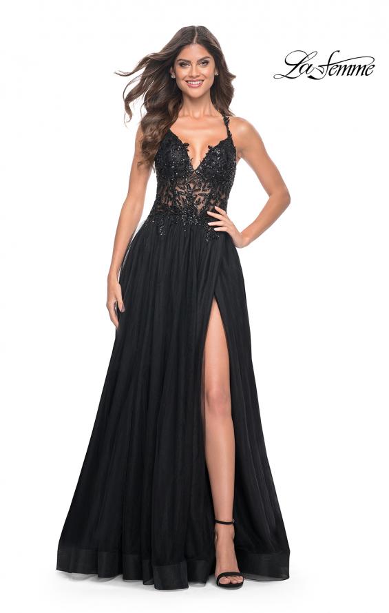 La Femme 31471 prom dress images. La Femme 31471 is available in these colors: Black, Dark Berry, Dark Emerald, Royal Blue.