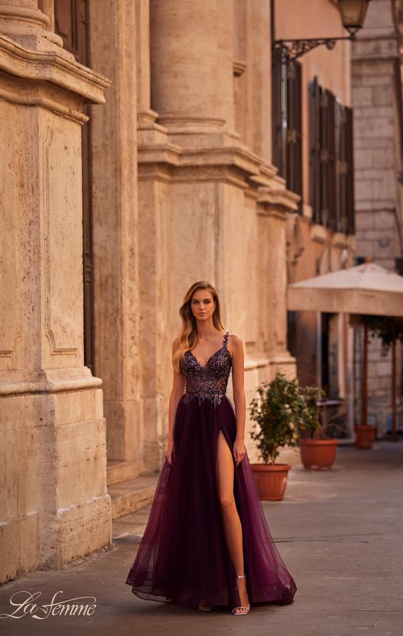 La Femme 31471 prom dress images. La Femme 31471 is available in these colors: Black, Dark Berry, Dark Emerald, Royal Blue.