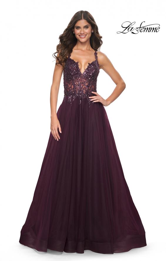La Femme 31471 prom dress images. La Femme 31471 is available in these colors: Black, Dark Berry, Dark Emerald, Royal Blue.