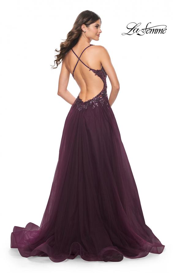 La Femme 31471 prom dress images. La Femme 31471 is available in these colors: Black, Dark Berry, Dark Emerald, Royal Blue.