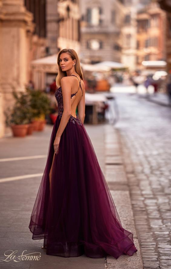 La Femme 31471 prom dress images. La Femme 31471 is available in these colors: Black, Dark Berry, Dark Emerald, Royal Blue.