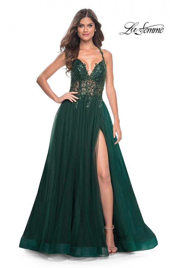 La Femme 31471 prom dress images. La Femme 31471 is available in these colors: Black, Dark Berry, Dark Emerald, Royal Blue.