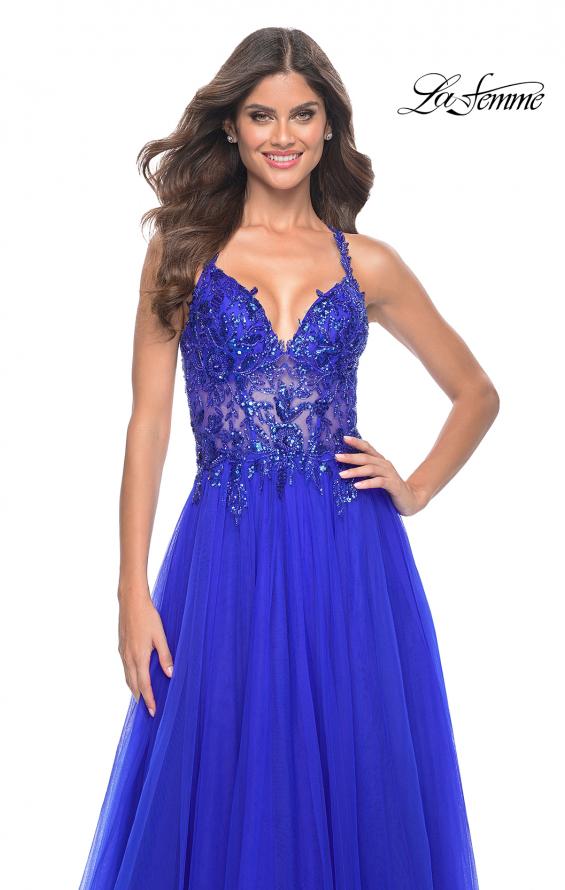 La Femme 31471 prom dress images. La Femme 31471 is available in these colors: Black, Dark Berry, Dark Emerald, Royal Blue.