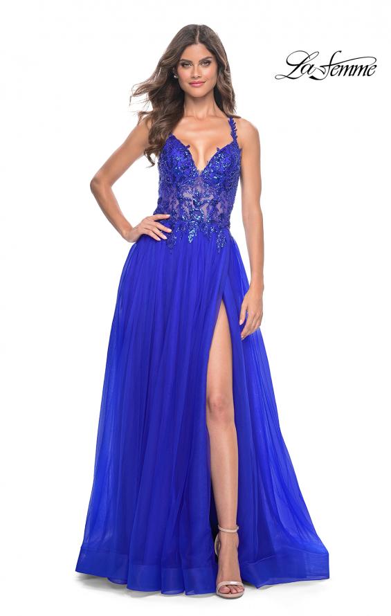 La Femme 31471 prom dress images. La Femme 31471 is available in these colors: Black, Dark Berry, Dark Emerald, Royal Blue.