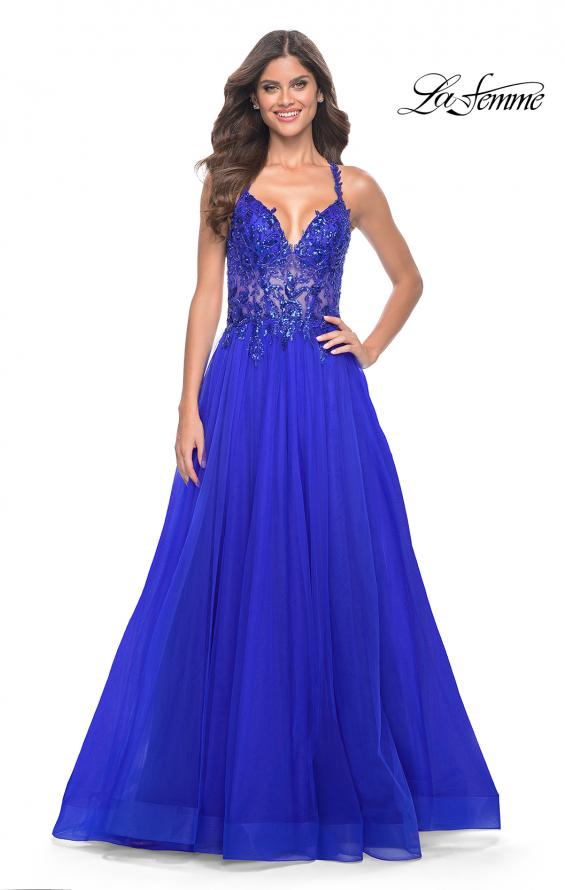La Femme 31471 prom dress images. La Femme 31471 is available in these colors: Black, Dark Berry, Dark Emerald, Royal Blue.