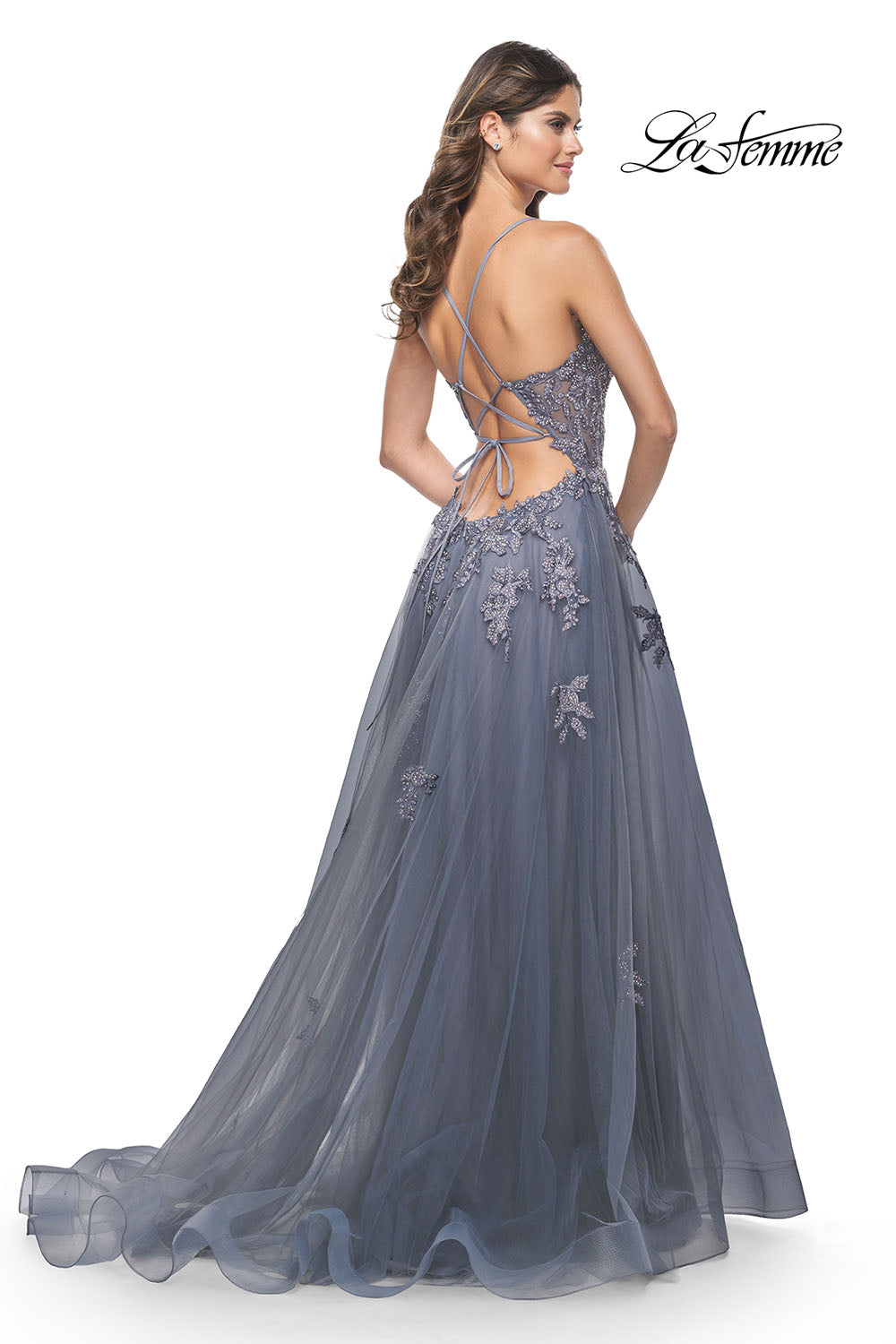 La Femme 31472 prom dress images. La Femme 31472 is available in these colors: Slate.