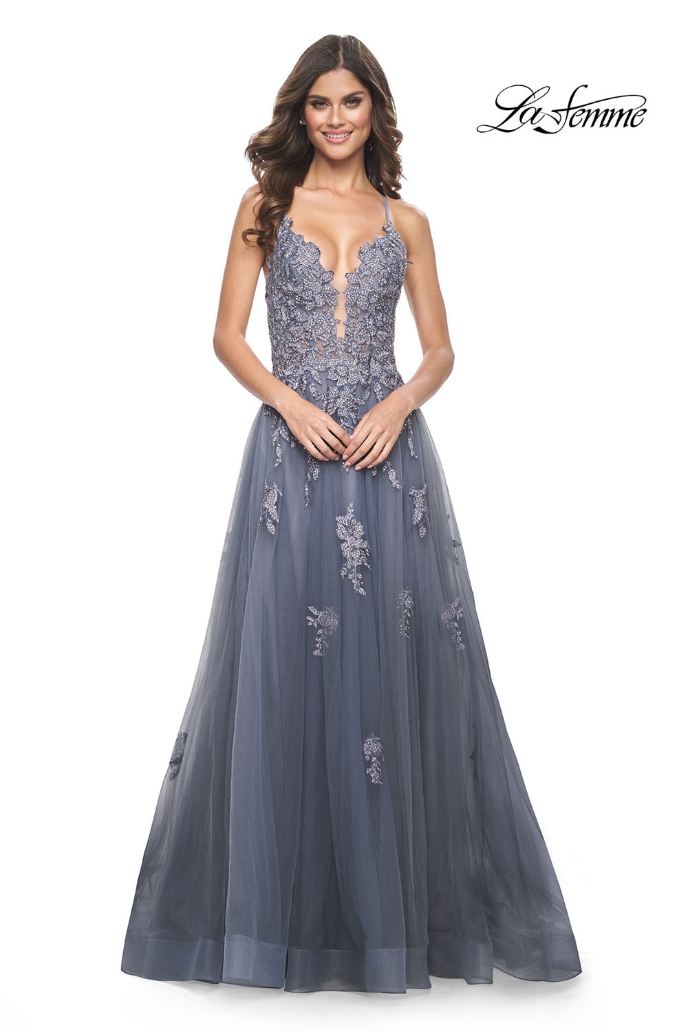 La Femme 31472 prom dress images. La Femme 31472 is available in these colors: Slate.
