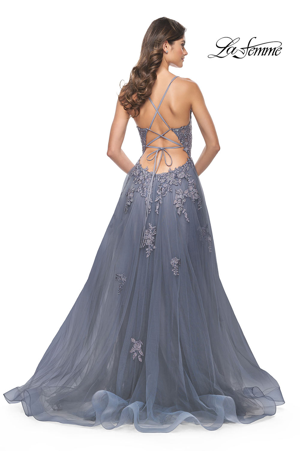 La Femme 31472 prom dress images. La Femme 31472 is available in these colors: Slate.