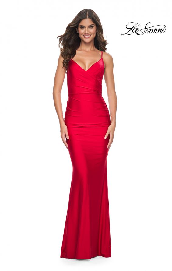 La Femme 31618 prom dress images. La Femme 31618 is available in these colors: Black, Emerald, Red, Royal Blue, Royal Purple.