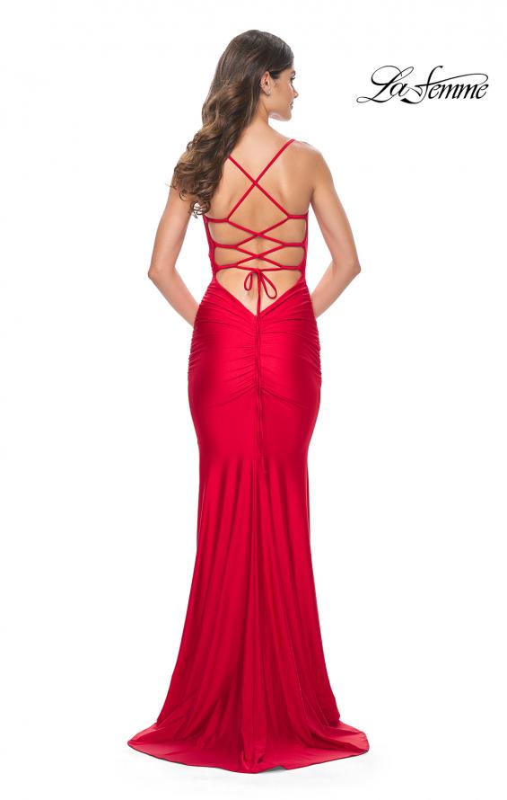 La Femme 31618 prom dress images. La Femme 31618 is available in these colors: Black, Emerald, Red, Royal Blue, Royal Purple.