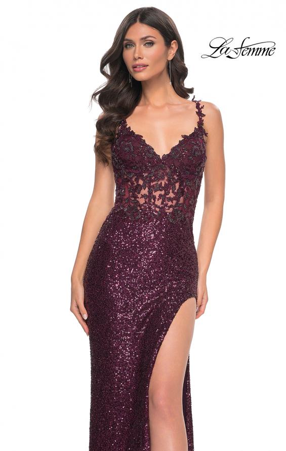 La Femme 31657 prom dress images. La Femme 31657 is available in these colors: Black, Dark Berry.