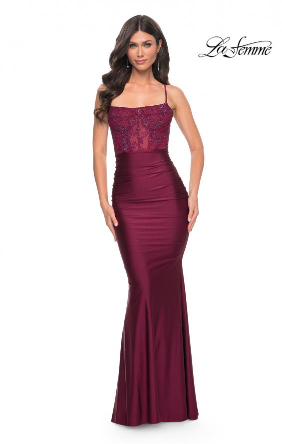 La Femme 31857 prom dress images. La Femme 31857 is available in these colors: Black, Dark Berry, Dark Emerald, Royal Blue.