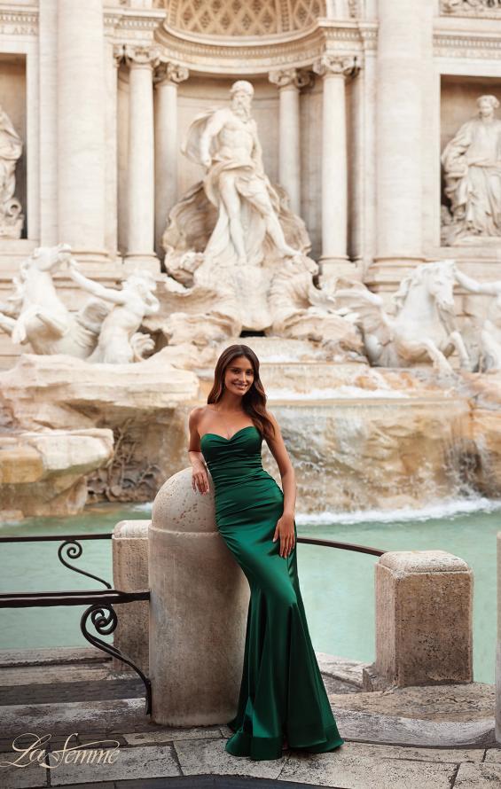La Femme 31915 prom dress images. La Femme 31915 is available in these colors: Black, Bronze, Champagne, Deep Red, Emerald.