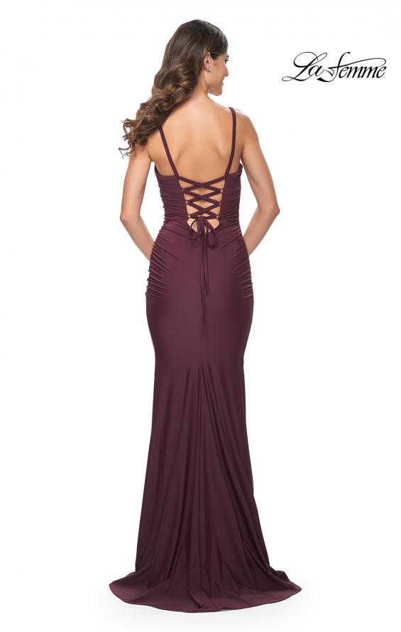 La Femme 31919 prom dress images. La Femme 31919 is available in these colors: Emerald, Navy, Wine.