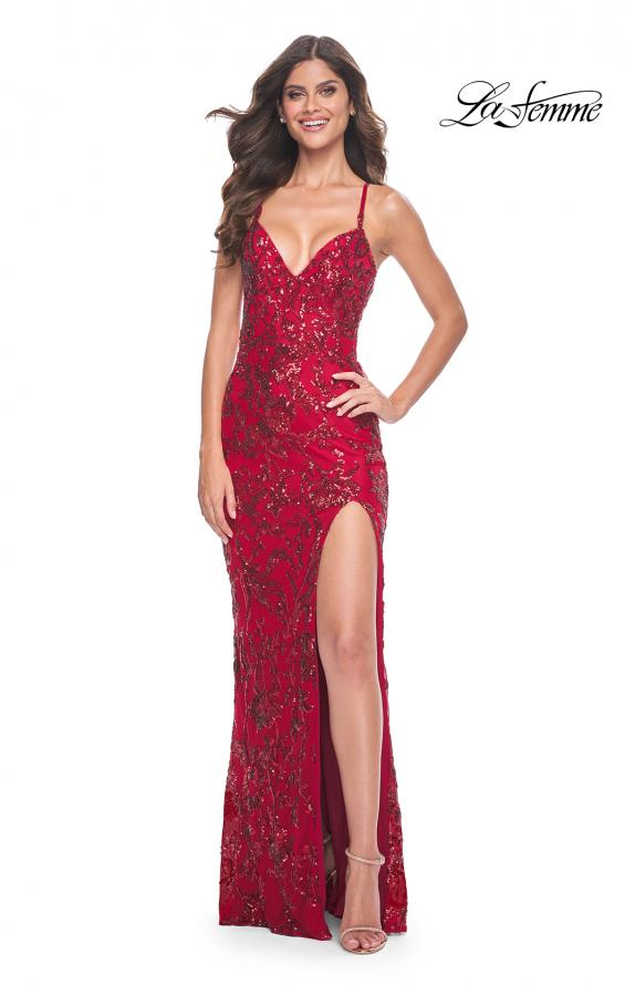 La Femme 31933 prom dress images. La Femme 31933 is available in these colors: Dark Emerald, Red, Royal Blue.
