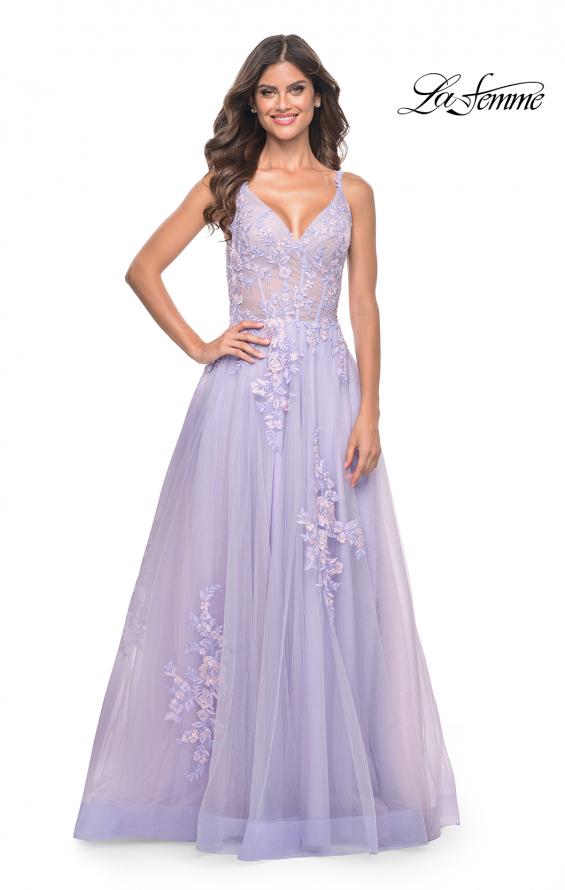 La Femme 31939 prom dress images. La Femme 31939 is available in these colors: Lavender, Light Blue, Sage, Silver.