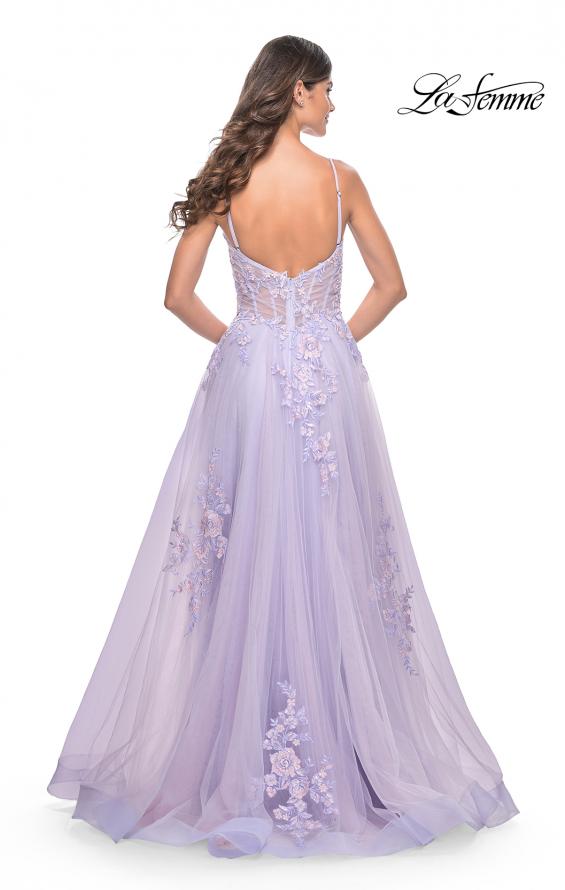 La Femme 31939 prom dress images. La Femme 31939 is available in these colors: Lavender, Light Blue, Sage, Silver.