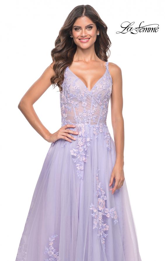 La Femme 31939 prom dress images. La Femme 31939 is available in these colors: Lavender, Light Blue, Sage, Silver.