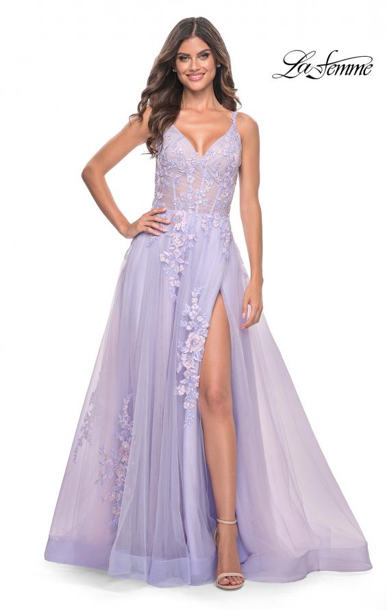 La Femme 31939 prom dress images. La Femme 31939 is available in these colors: Lavender, Light Blue, Sage, Silver.